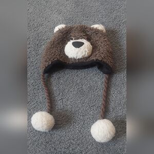 Greendog Faux Fur Winter Bear Hat BRAIDED EAR FLAPS Pompoms Brown White M-L